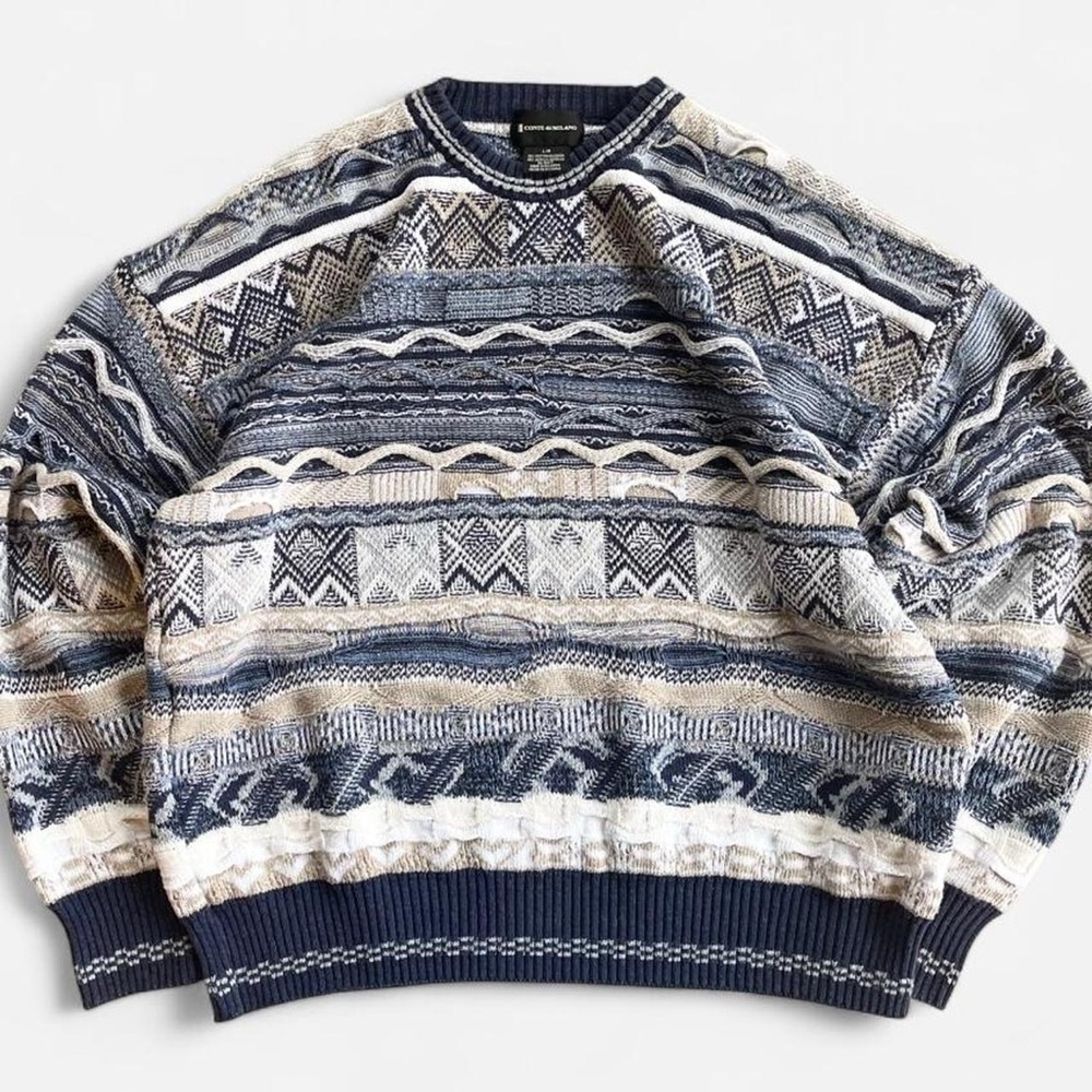 Vintage Conte di Milano Blue Cream Tan 3D Knit Funky Retro Crewneck Sweater L